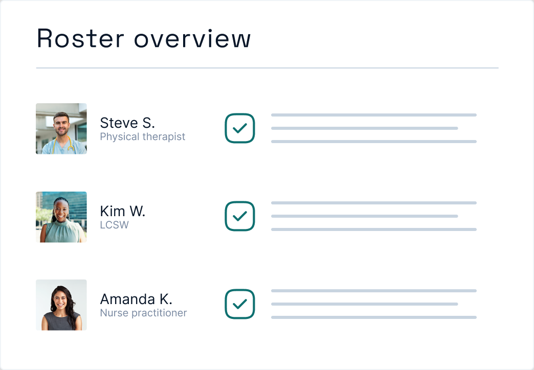 Roster overview with providers Steve S., Kim W., and Amanda K. validated